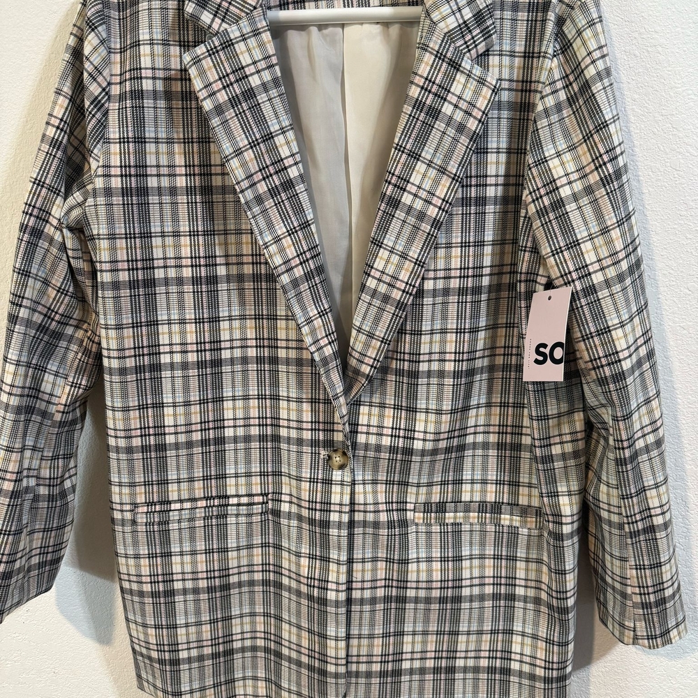 Plaid Blazer with Button Closure